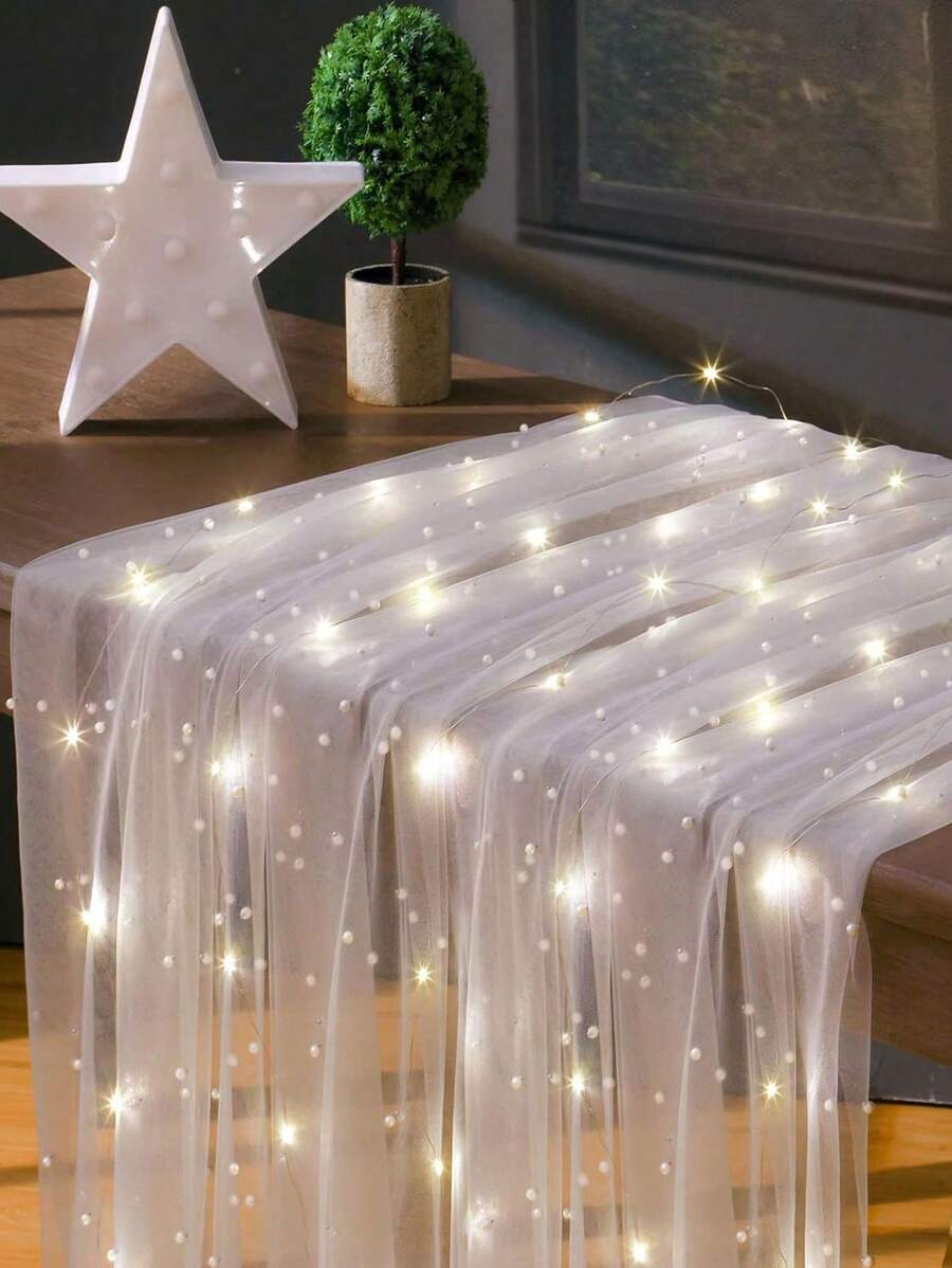 1pc/6.56ft Large White Faux Pearl Curtain With Lights For Wedding, Party, And Background Decoration, Translucent Tablecloth, Window & Door Curtain, Reusable, Bright Faux Pearl, Not Easy To Drop, Clean, Provides Mood Light Atmosphere,Christmas - White - View 1