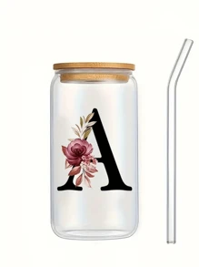 1入組450ml字母花卉a-z咖啡杯,高硼硅耐熱玻璃杯,配有竹蓋和吸管,適用於家庭和辦公室,是送給女士、母親、最好的朋友、新娘和伴娘的生日禮物 - 無色 - 查看 4