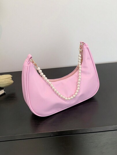 Bolso de mano pequeño con forma de media luna de PU liso, con correa de cadena de perlas falsas, bolso de hombro, bolso de la media luna a la moda para mujer