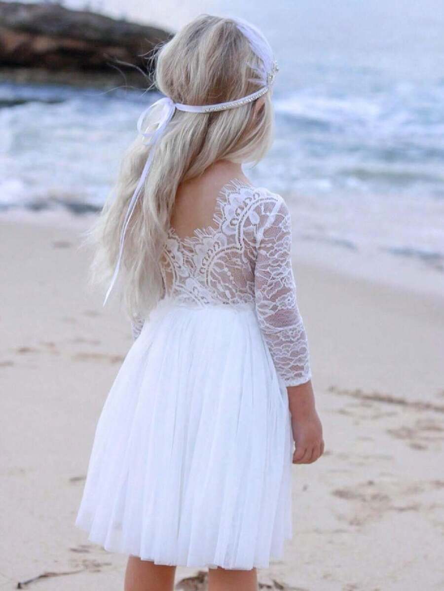 年轻女孩蕾丝后睫毛薄纱芭蕾舞裙长袖花童及膝连衣裙 - 白色 - 查看 1