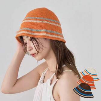 1pc Women's Multicolor Handmade Knitted Striped Fashion Bucket Hat, Suitable For Daily Use Boho