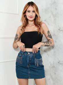 Women Denim Skirts - 深色水洗藍 - 查看 4