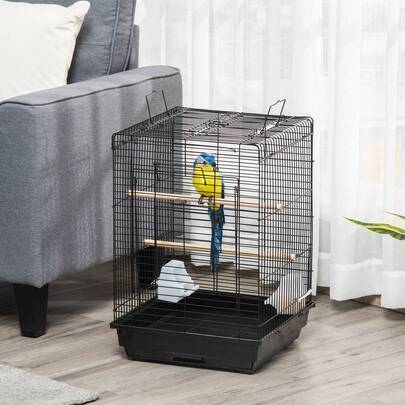 PawHut Bird Cage Parrot Cage Budgie Cage 59cm With Openable Top, Stand, Tray, Handles, Feeding Bowls For Parakeet, Finch, Black