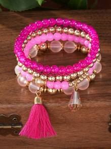 4pcs/Set Stupa Crystal Tassel Pendant Multilayer Beaded Bracelet - Pink - View 1