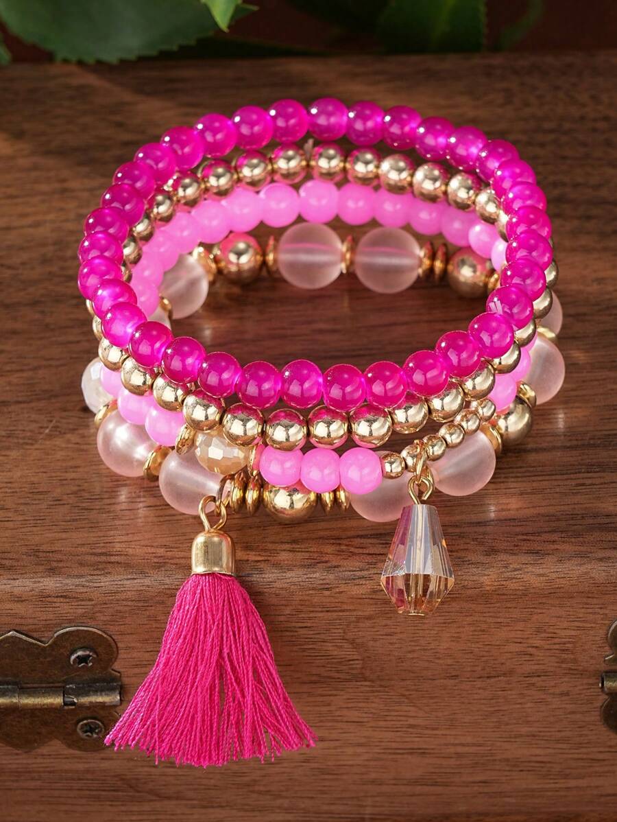 4pcs/Set Stupa Crystal Tassel Pendant Multilayer Beaded Bracelet - Pink - View 1