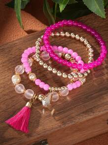 4pcs/Set Stupa Crystal Tassel Pendant Multilayer Beaded Bracelet - Pink - View 2