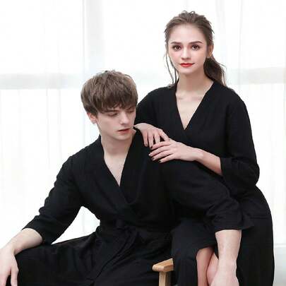 1 件轻便时尚浴袍，适合居家和海滩，速干亲肤，情侣家居服，简约格子浴袍夏季婚礼家居浴室装饰返校