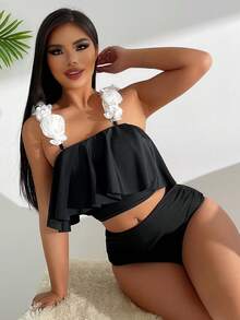 New Arrival Stylish & Sexy Vacation Style Color Block 3d Floral Bikini Set - Black - View 3