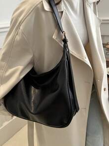 純色假皮革休閒pu袋,大容量手提袋,極簡設計購物手提包斜挎包 - 黑色 - 查看 4