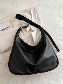 純色假皮革休閒pu袋,大容量手提袋,極簡設計購物手提包斜挎包 - 黑色 - 查看 6