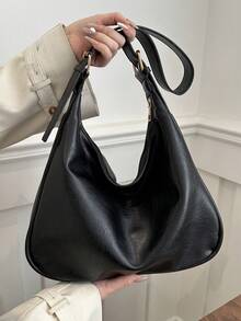 純色假皮革休閒pu袋,大容量手提袋,極簡設計購物手提包斜挎包 - 黑色 - 查看 3