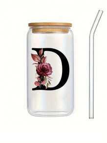 1入組450ml字母花卉a-z咖啡杯,高硼硅耐熱玻璃杯,配有竹蓋和吸管,適用於家庭和辦公室,是送給女士、母親、最好的朋友、新娘和伴娘的生日禮物 - 無色 - 查看 7