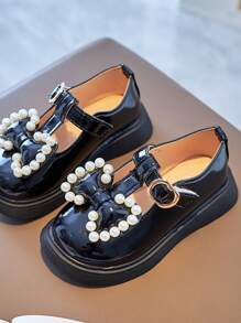 1 Paar Schwarze Handgemachte Mädchen Schuhe Mit Perlen Und Schleife, Rutschfeste Gummisohle Mit Spiegel Pu, Liebliches Prinzessinenschuh, Geeignet Für Mädchen Von 3-9 Jahren, Frühlingskleidung