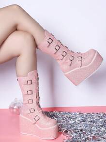 Women Gothic Pink Glitter Platforms & Wedge Mid-Calf Boots, Heels Boots, Pink Outfit Clothes, Spring Summer Travel Shoes, St Patrick Day - Pink - View 1