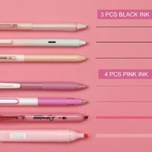 WRITECH Gel Pens Journaling Highlighters: Journal Set Aesthetic Assorted Pastel Color Ink 0.5mm Fine Point Retractable 0.7mm Black Pen Smooth Writing Drawing No Bleed 7ct - Pink - View 2