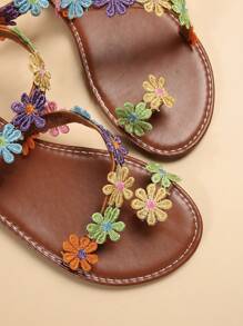 New Plus Size Vacation Peep Toe Dark Brown Casual Fashion Sunflower Flat Sandals, Summer - Brown - View 7