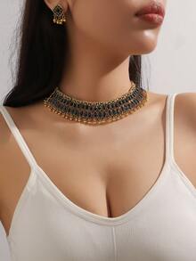 3入組金屬鏈扇形吊墜,鑲嵌雙排鑽石裝飾的女性豪華時尚珠寶套裝 - 項鍊耳飾套裝 - 查看 14