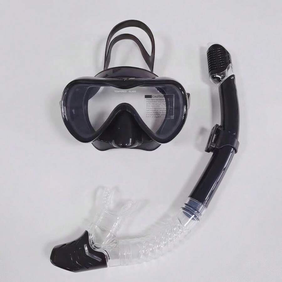 1 Set Adult Snorkeling Diving Mask With Breathing Tube, Anti-Fog Tempered Glass Lens, Liquid Silicone Mask, Dry Top Breathing Tube, Swimming Equipment, Beach Essentials, Beach Accessories, Pool Float - Black - View 1