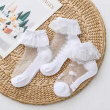 3 Pairs Girls Cute Lace Trim Thin Mesh Socks - White - View 1