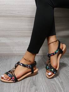 2024年新款歐式風格舒適木珠波西米亞設計女鞋底平台涼鞋,大尺寸 - 黑色 - 查看 5