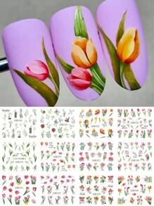 1入組12款水彩鬱金香花葉美甲水貼紙，多彩浪漫春季綻放的花卉美甲貼紙之水轉印指甲油膠條裝飾（不含黏性）DIY