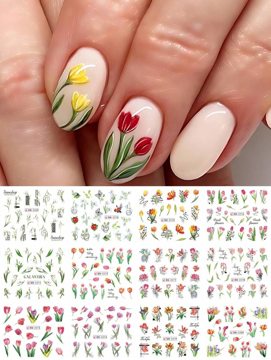 1入組12款水彩鬱金香花葉美甲水貼紙，多彩浪漫春季綻放的花卉美甲貼紙之水轉印指甲油膠條裝飾（不含黏性）DIY