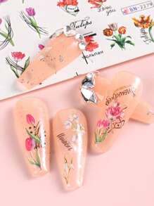 1入組12款水彩鬱金香花葉美甲水貼紙，多彩浪漫春季綻放的花卉美甲貼紙之水轉印指甲油膠條裝飾（不含黏性）DIY