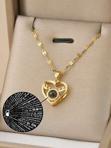 1條鑽石鑲嵌不鏽鋼心形項鍊,擁有100種語言的愛的表達,是女性浪漫禮物的不二之選 - 金黃色 - 查看 8