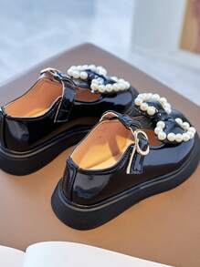 1 Paar Schwarze Handgemachte Mädchen Schuhe Mit Perlen Und Schleife, Rutschfeste Gummisohle Mit Spiegel Pu, Liebliches Prinzessinenschuh, Geeignet Für Mädchen Von 3-9 Jahren, Frühlingskleidung