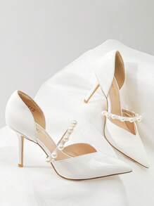 Women Closed Toe High Heels Stiletto Pointed Toe Strappy Pearl Elegant D'Orsay Dress Wedding Party Pumps Shoes - 白色 - 查看 4