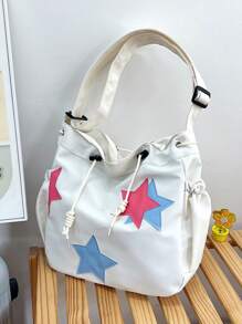 Túi vải canvas Star Patchwork thường ngày với thiết kế khối màu dành cho học sinh, người đi làm, phong cách Ins, đa năng, túi đeo vai/dây đeo chéo/túi tote - Màu be - Xem 2