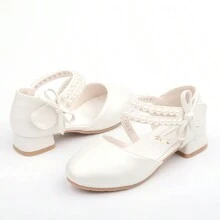 Children's Princess Shoes For Girls, Spring/Summer White/Pink Shoes With High Heels And Pearls For Big Kids