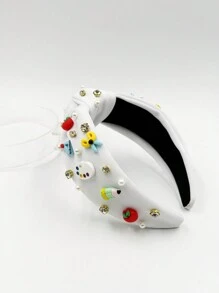 1pc Ladies' Back To School Season Pearl & Rhinestone Decor Fashion Fabric Wide Headband Cute - White - View 4