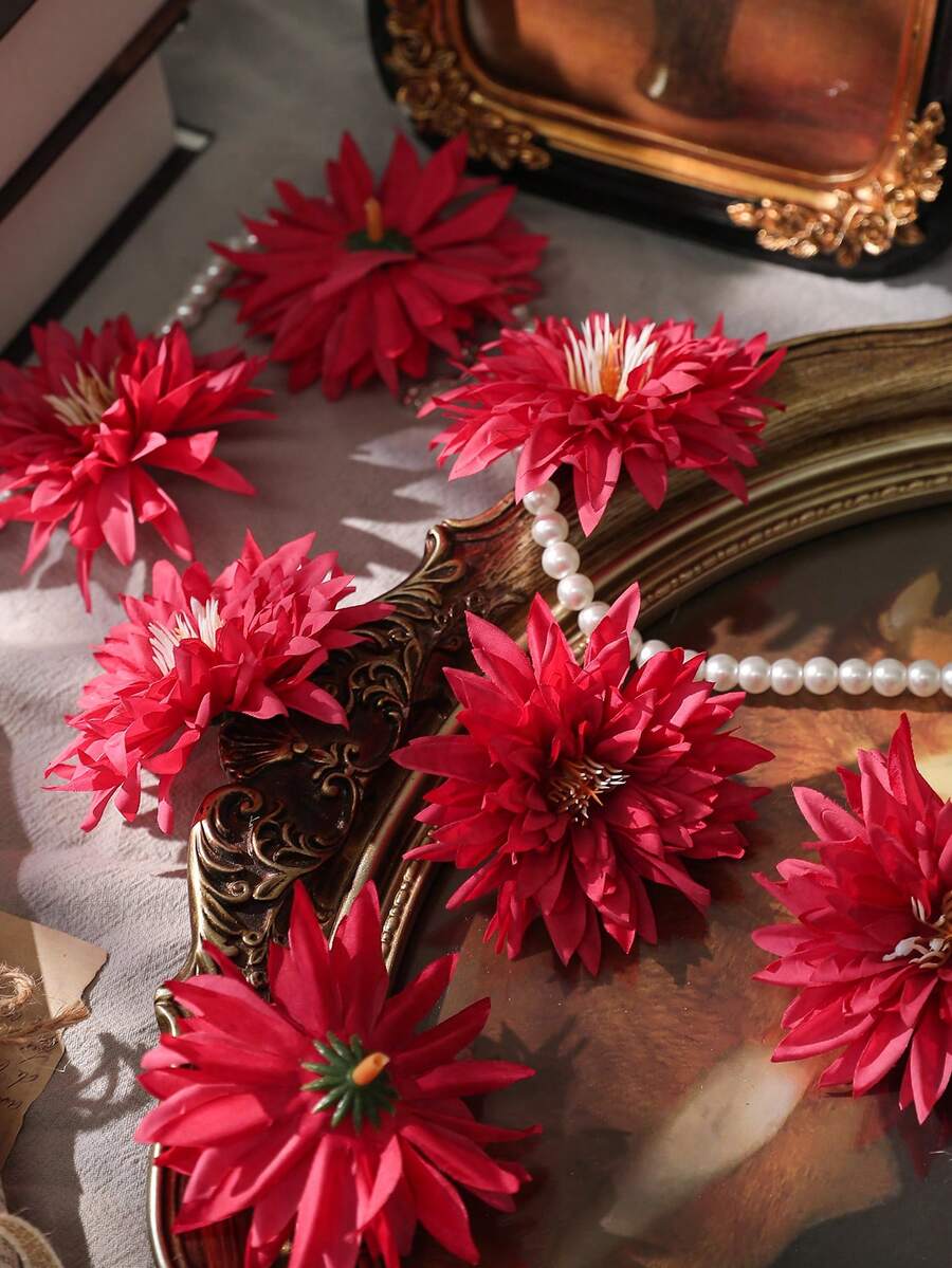 10pcs Artificial Red Chrysanthemum Flowers, Great For Home Decoration - Red - View 1