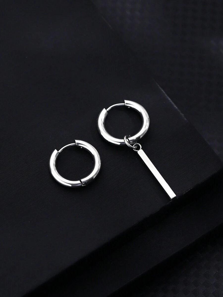 1 Pair Stainless Steel Asymmetric Hoop Earrings For Men - Silver - View 1
