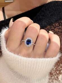 绿宝石雕刻 S925 纯银蓝宝石和椭圆形方晶锆石戒指 - 白色 - 查看 8