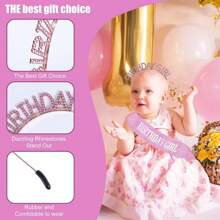 1PC Pink Birthday Sash For Girl Pink Birthday Girl Sash Glitter Birthday Sash And Tiara For Girl Birthday Crowns For Girl Happy Birthday Decorations Accessories Rhinestone Birthday Girl Headband