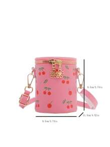 1 件纯色 PU 拉链开合樱桃迷你水桶包休闲斜挎包，适合日常使用