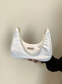 时尚珍珠链肩带，金属五金装饰，手提、单肩和斜挎三合一女士包，纯色月形流浪包手提包，女士 Tready 新月包 - 白色 - 查看 6
