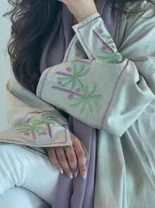 1 cái Thanh lịch và Khiêm tốn Tay thêu Mở Cardigan Áo choàng dài Khăn choàng Hijab, Thích hợp để mặc hàng ngày và lễ hội - màu xanh lá - Xem 2