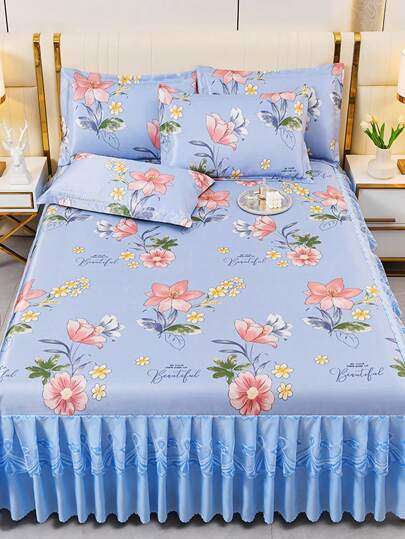 1pc Thick Floral Printed Bed Skirt, Double-Layer Ruffle Design, Suitable For Single/Double Bed, Home, Bedroom, Outdoor Travel
