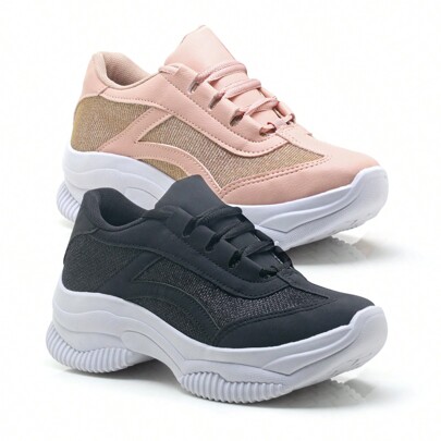Kit 2 Pares de Tenis Feminino Blogueira Com Plataforma Casual Confortável Sapato Casual Chunky Sola Alta Leve