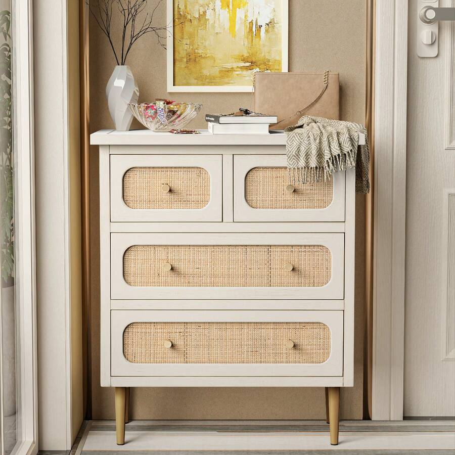 COZAYH Wicker Rattan Chest Of Drawers, 4-Drawer Dresser, Wooden Storage Cabinet, Modern Farmhouse Accent Table, Boho Mid-Century Coastal Sideboard Buffet
