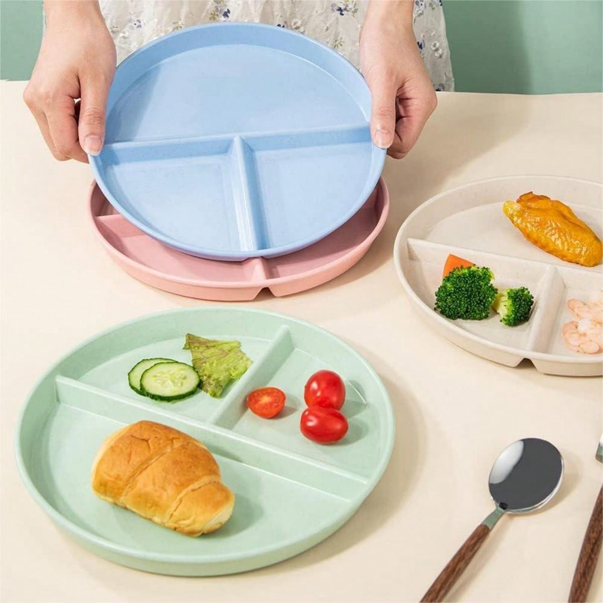 Adult Weight Control Plate, Round Portion Control Plate, Reusable Wheat Straw Divided Plate With