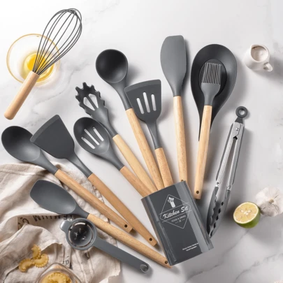 14 Pcs Silicone Cooking Kitchen Utensils Set With Holder, Wooden Handles  Non Toxic Silicone Turner Tongs Spatula Spoon Kitchen Gadgets Utensil Set For Nonstick Cookware (Dark Grey)