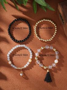 4pcs/Set Pagoda Crystal Tassel Pendnat Multi-Layer Beaded Bracelet - Black - View 3