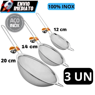 KIT 3 Peneiras - 12 cm 14 cm e 20 cm  De Aço Inox Utensílios De Cozinha