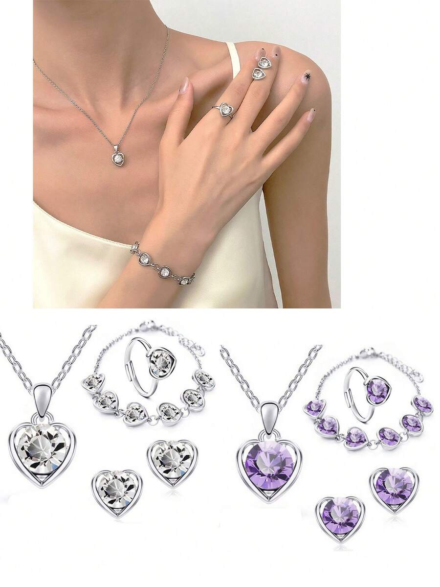 5 件/套全新水晶心形首飾套裝,非常適合婚禮或新娘禮物。包括項鍊、耳環、戒指和手鍊 - 水晶心形 - 查看 1