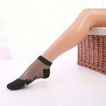 Vớ thể thao ngoài trời 5 đôi tất lụa họa tiết hoa, tất lưới mỏng chống trượt đến mắt cá chân, tất và vớ cao đến đầu gối của phụ nữ - màu đen - Xem 5