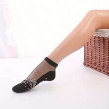 Vớ thể thao ngoài trời 5 đôi tất lụa họa tiết hoa, tất lưới mỏng chống trượt đến mắt cá chân, tất và vớ cao đến đầu gối của phụ nữ - màu đen - Xem 3